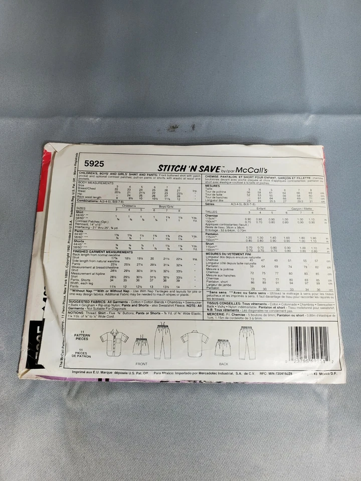 Vintage McCall's Stitch 'N Save Pattern 5925 Childs Shirt Pants Size 3 4 5 UNCUT - Image 3 of 3