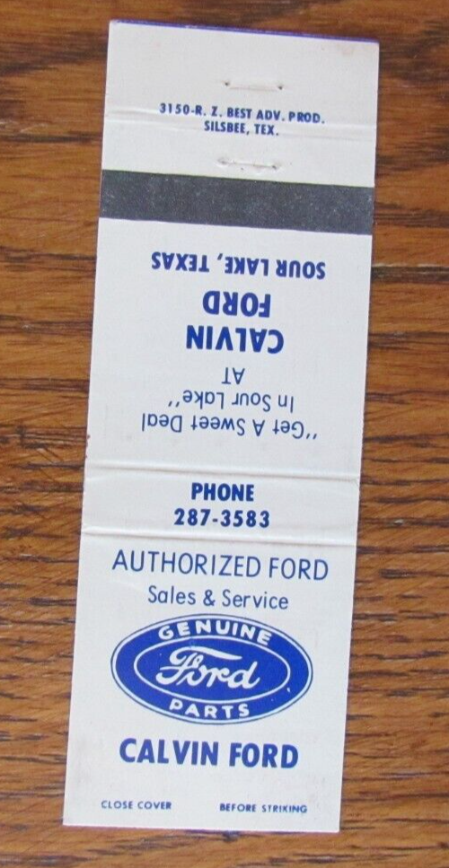 CALVIN FORD CAR DEALER MATCHBOOK COVER SOUR LAKE, TEXAS EMPTY