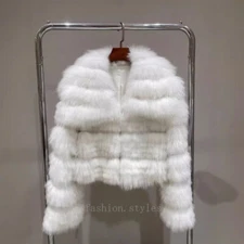Fox Fur Strip Real Fur Coat Women's Short Lapel Collar Jackets Parka Outwear