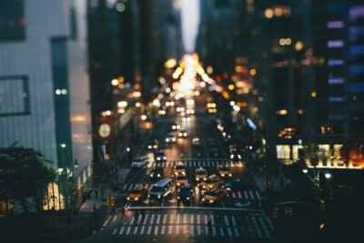 Anime city bokeh road traffic tilt shift cityscape new Play Gaming Mat Desk