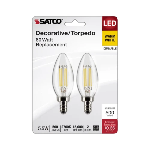 2 Pack Satco S21827 LED Filament 120V 5.5W =60W B11 Candelabra E12 Clear 2700K - Picture 5 of 7