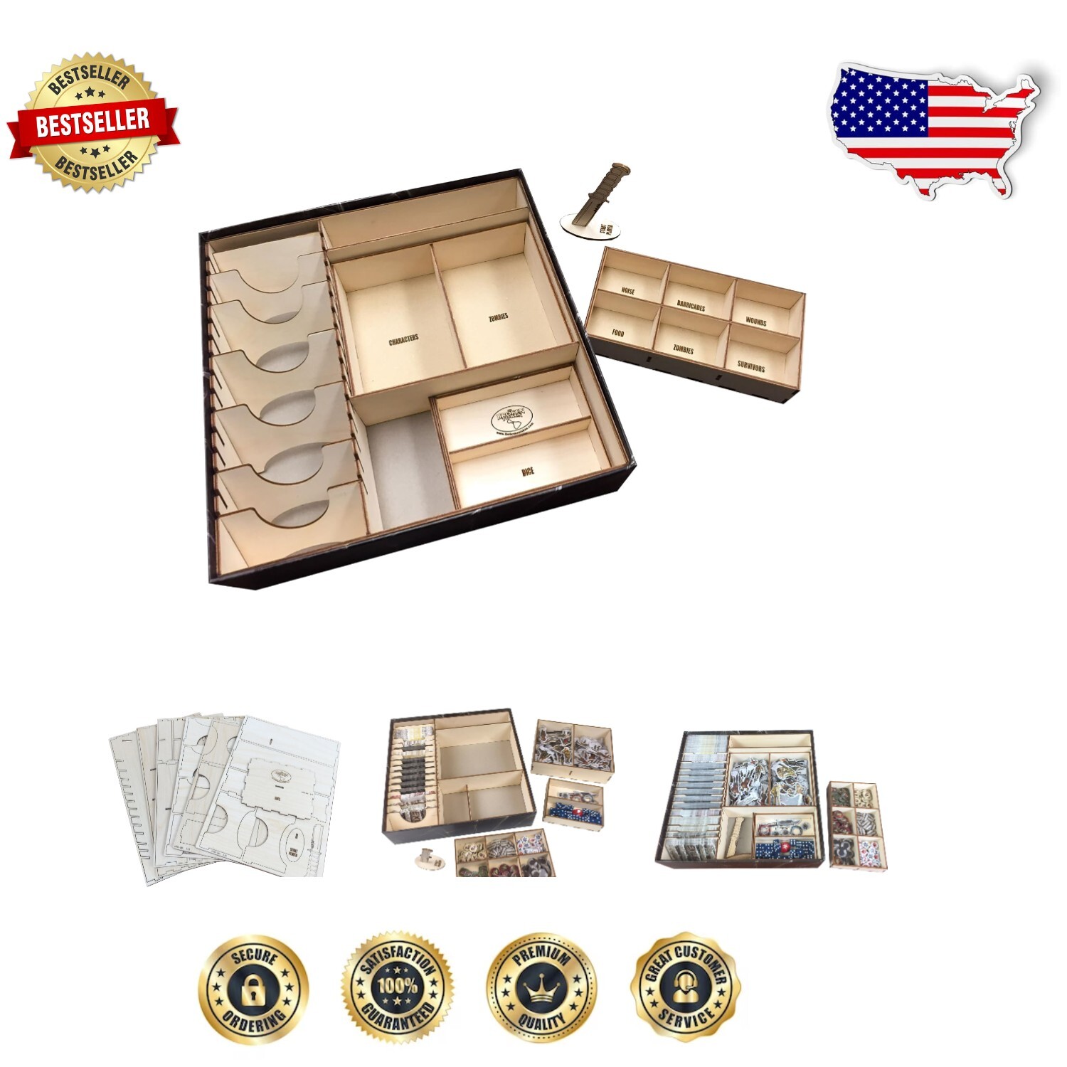 Durable Baltic Birch Wood Organizer with Lift-off Lid for Board Games and Cards