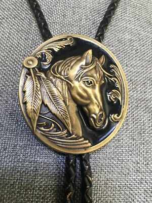 ARCTIC HEART 3D Horse Bolo Tie Black Faux Leather Gold Cowgirl Cowboy Western