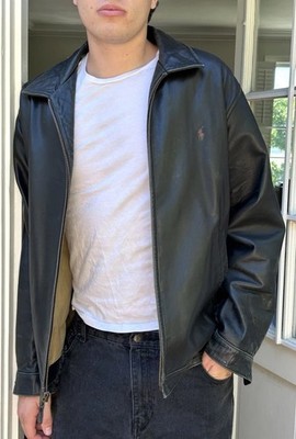 Vintage 90s Polo Ralph Lauren M Leather Bomber Harrington Jacket Logo Black