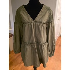 Olive Green Cotton Tiered Babydoll mini dress V-Neck Smocked Shoulder L