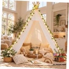 Large Teepee Tent for Kids Adults with LED Light, Cotton Canvas Play Tent -