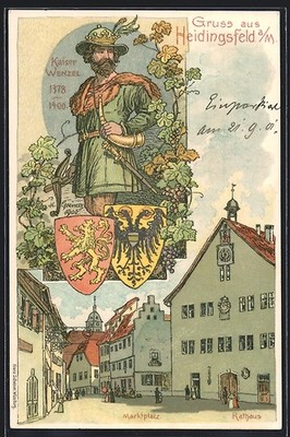 Lithographie Heidingsfeld a. M., Rathaus, Marktplatz, Kaiser Wenzel, Wappen 
