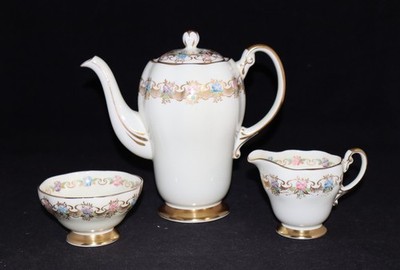 FOLEY BONE CHINA ENGLAND DEMITASSE POT CREAMER SUGAR COLORFUL FLOWERS GOLD TRIM
