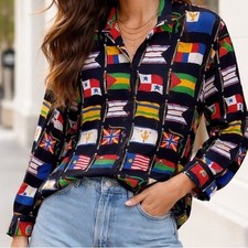 Vintage Liz Claiborne Collection Top 6 Medium Flag Button Down Shirt Blouse