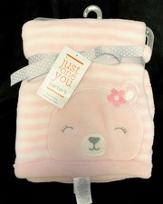 Carters Just One You Pink Bear Baby Blanket NWT White Stripe Fleece Lovey T7