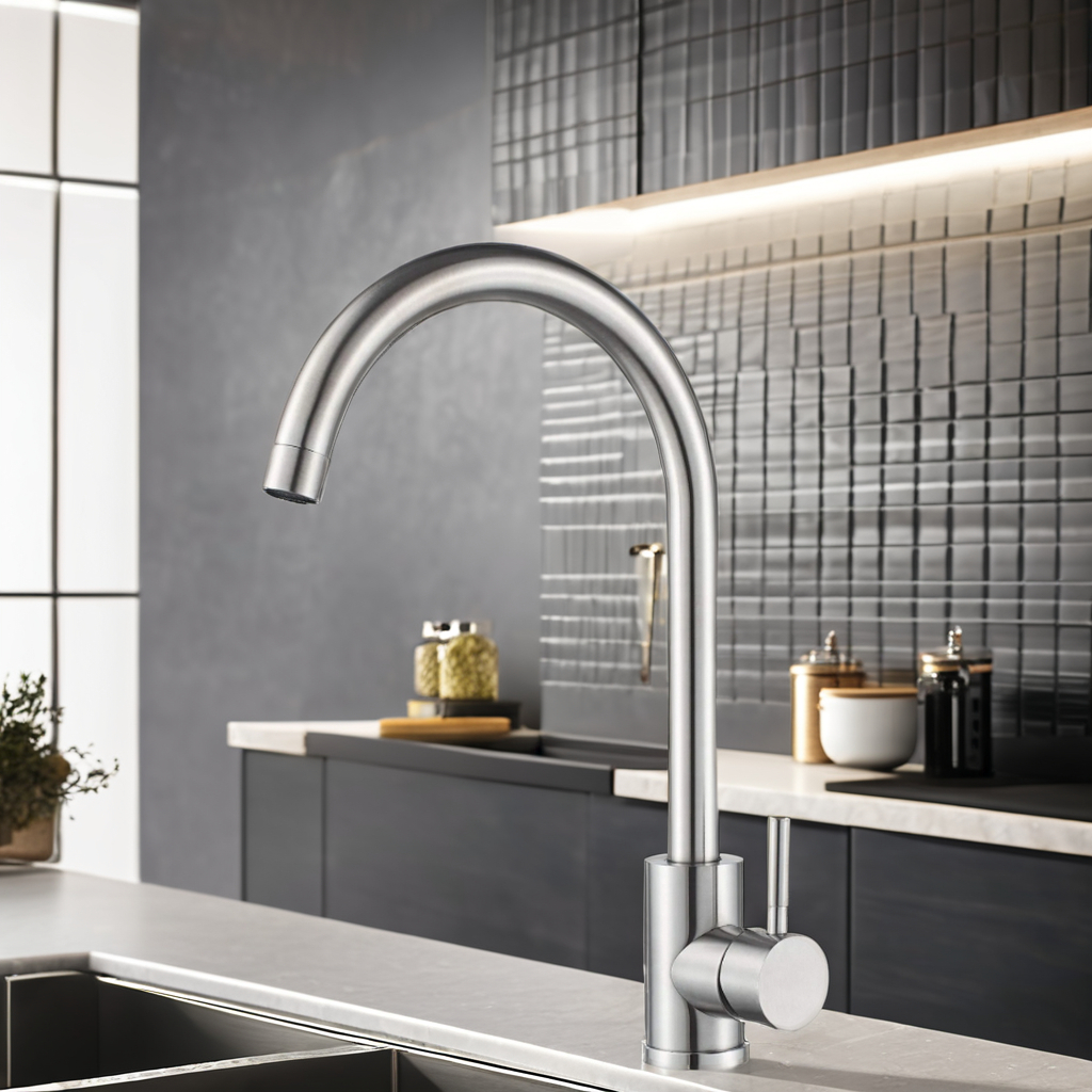 Brushed Stainless Steel Kitchen Sink Tap Chrome Swivel Single Lever Mixer Taps