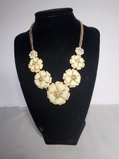 Floral necklace enamel crystal cream color gold tone 18"