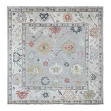 8'x8' Misty Gray Hand Knotted Angora Oushak Leaf Design Wool Square Rug 22614
