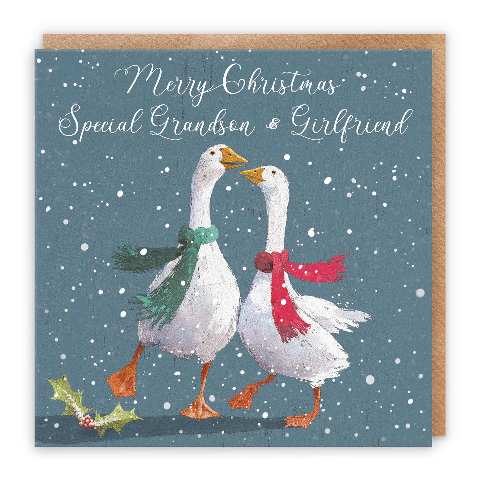 Grandson And Girlfriend Festive Geese Christmas Card Milo's Gallery