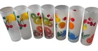 Vintage 60s Colorful Fruit Pattern Frosted Collins Glasses Federal  Barware 7 PC