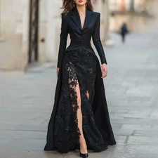 Black Suit Evening Dress V-Neck Long Sleeves Lace Applique Mermaid Evening Gowns