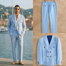 Men's Striped Suits Double Breasted Peak Lapel Jacket Pant Business Office 2PCS