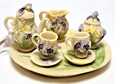 Vintage Miniature Tea Set Iris Design 10 Pieces Resin 1994 Popular Imports USA