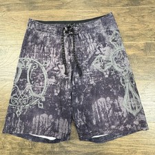 Affliction Board Shorts Mens 36 Gray Graphic Cross Surf Wetsuit Swim Trunks