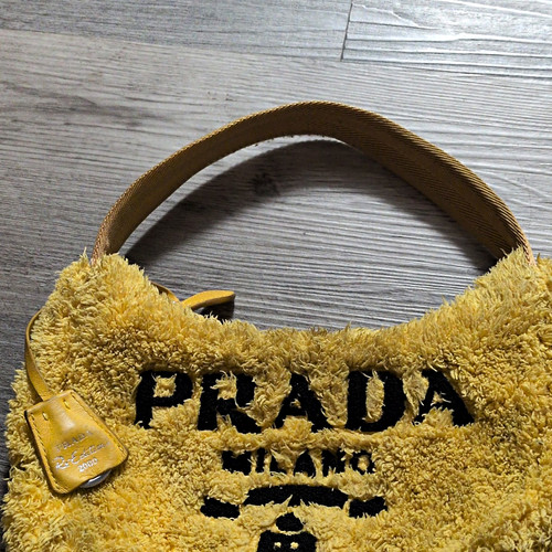 PRADA Re-Edition Yellow Logo Shoulder Bag Zip Top Handle Silver Hardware