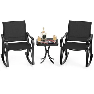 COSTWAY Outdoor Rocker Chair Bistro Set 3 Piece Patio Rocking Set-Black
