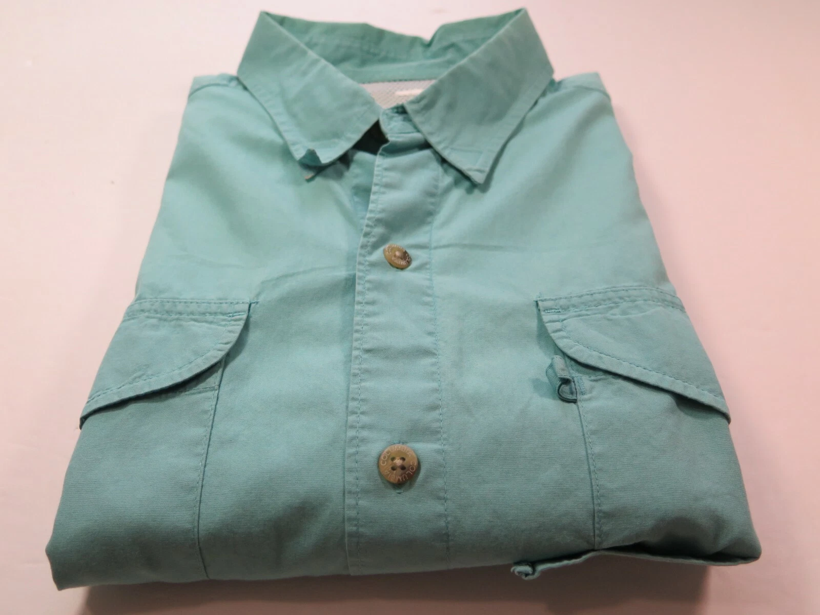 Columbia PFG Men Short Sleeve Cotton Solid Aqua Green Vented Fishing Shirt Large