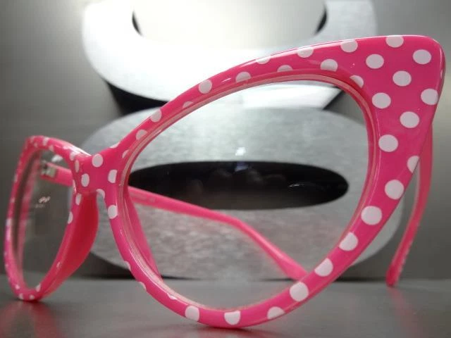 CLÁSICO RETRO OJO DE GATO Estilo Lente Transparente Gafas Marco Rosa Blanco Lunares Foto 3 de 4