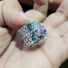 Purple Amethyst Cut Gemstone 925 Sterling Silver Spinner Ring Meditation Jewelry
