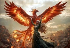 WOMAN AND PHOENIX ART PRINT, Witchy Lady Poster, Gothic Fire Bird Decor F387