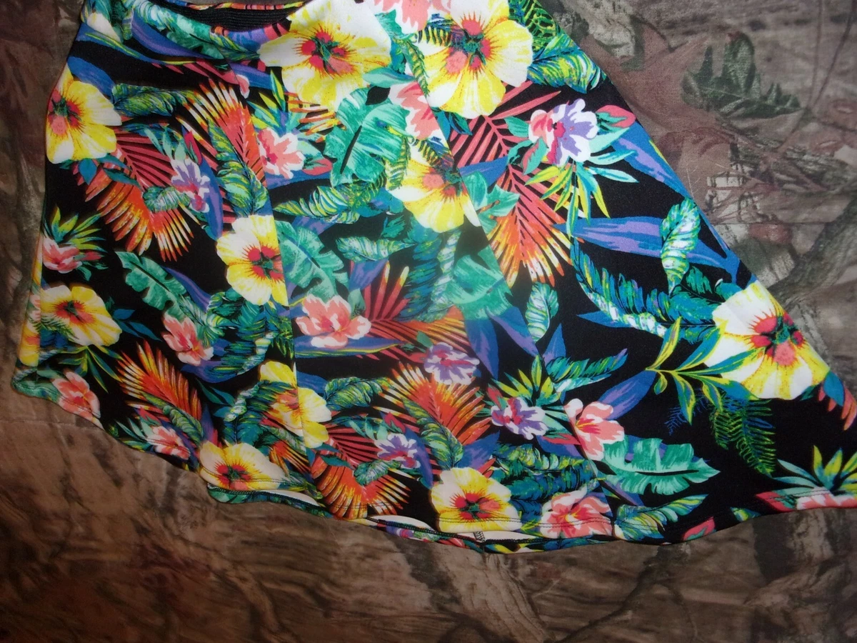 Decree Black Hawaiian floral high waist flare mini skirt Luau size