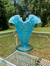 Vintage Fenton Aqua Blue Opalescent Hobnail Vase 5.5" Tall Ruffled Edges MINT
