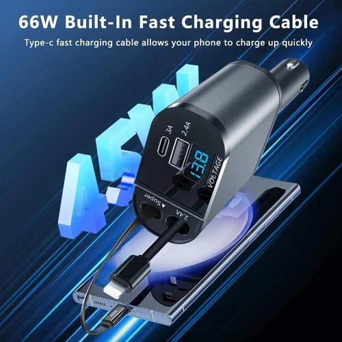 4 in 1 Fast Car Phone Charger 120W With USB Type C Cable Retractable Car Charger - Picture 12 of 24