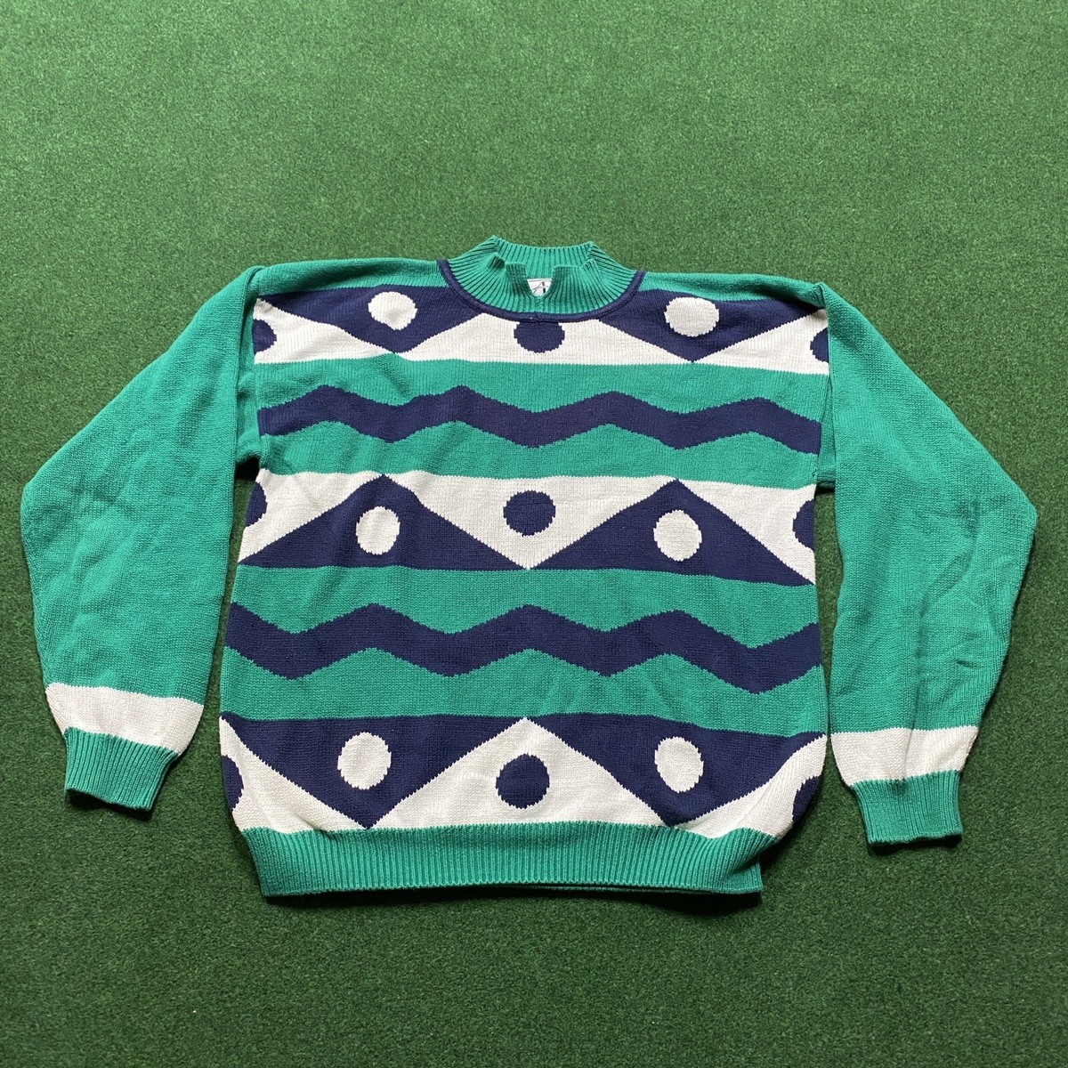 Vintage Sweater Mens Large Blue 80S 90S Abstract Pattern Style Sweatshirt