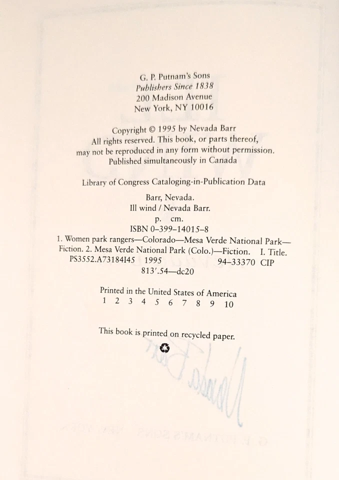 Nevada Barr - Ill Wind - Signed 1st Edition Hardcover/Dustjacket Foto 3 de 4