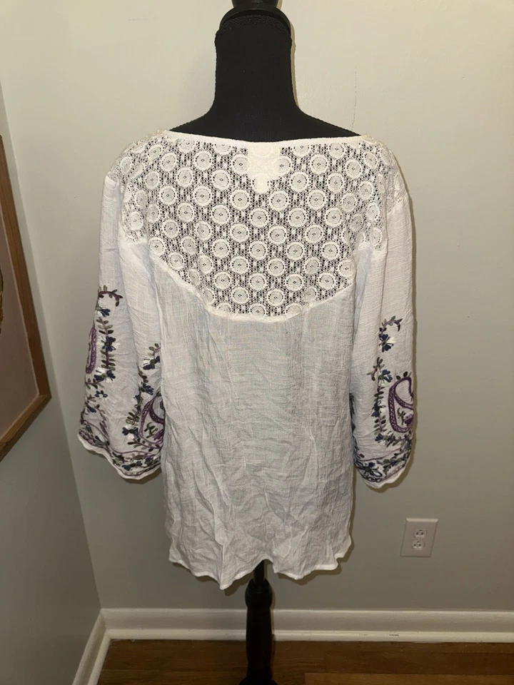 Top Anthropologie Higo y Flor Mujer Bordado Talla 3X Blanco Boho Gasa Foto 4 de 4