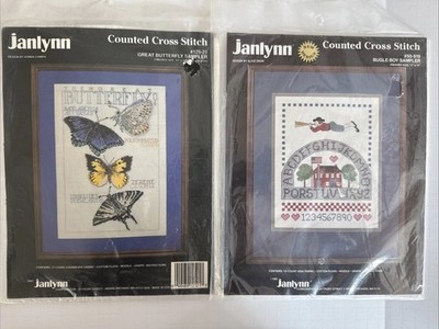 2 New Janlynn Counted Cross Stitch Kits Butterflies & Sampler NOS 1992 & 1987