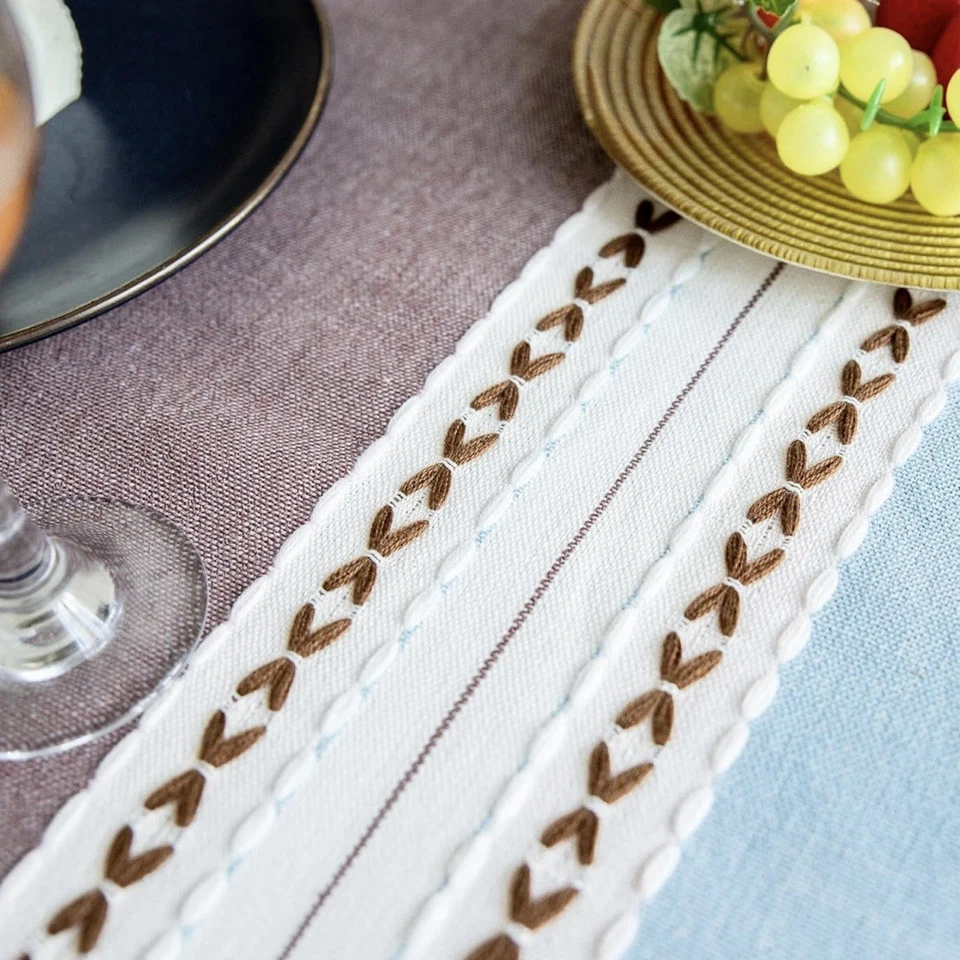 NEW Square Tablecloth 55" x 55" Cotton Linen Blend Off White Brown Blue Stripe - Image 2 of 4