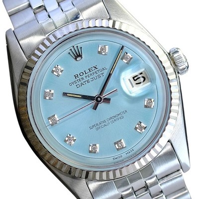 Rolex Datejust Steel Blue Diamond Dial Fluted Bezel 36mm Automatic Mens Watch