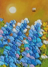 Flowers Original Oil Painting Canvas Board 7x5in Bluebonnets Impasto Artwork
