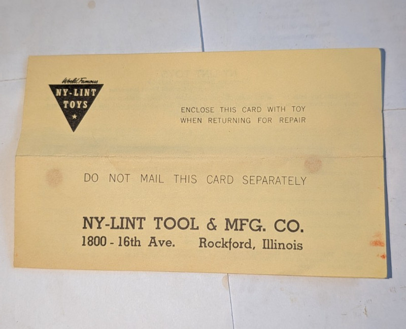 Vintage NY-LINT TOYS warranty registration 1823-59 brochure