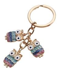 Glitter Triple Owl Keychain Bag Charm Gold Metal Velvet Dust Bag Gift