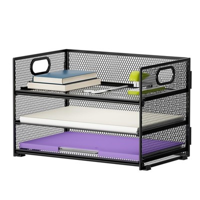 3 Tier Paper Organizer Letter Tray, Mesh File Organizer with Handle, Paper So...