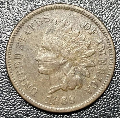 1869 Indian Head Cent Penny 1c Tougher Choice Fine+ Scratch Better Date Coin