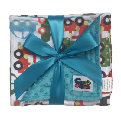 Boys Reversible Minky Dot Stroller Blanket Turquoise Cars & Trucks Design