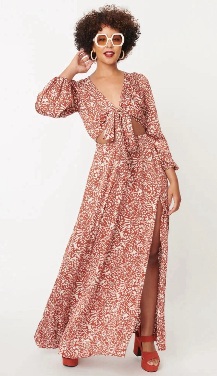 cream and rust dress Rust & Cream Abstract Spotted Print Front Tie Maxi Dress