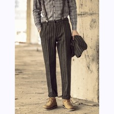 Men Vintage Formal Striped British style Trousers Pants Tweed Wool Blend Bottoms