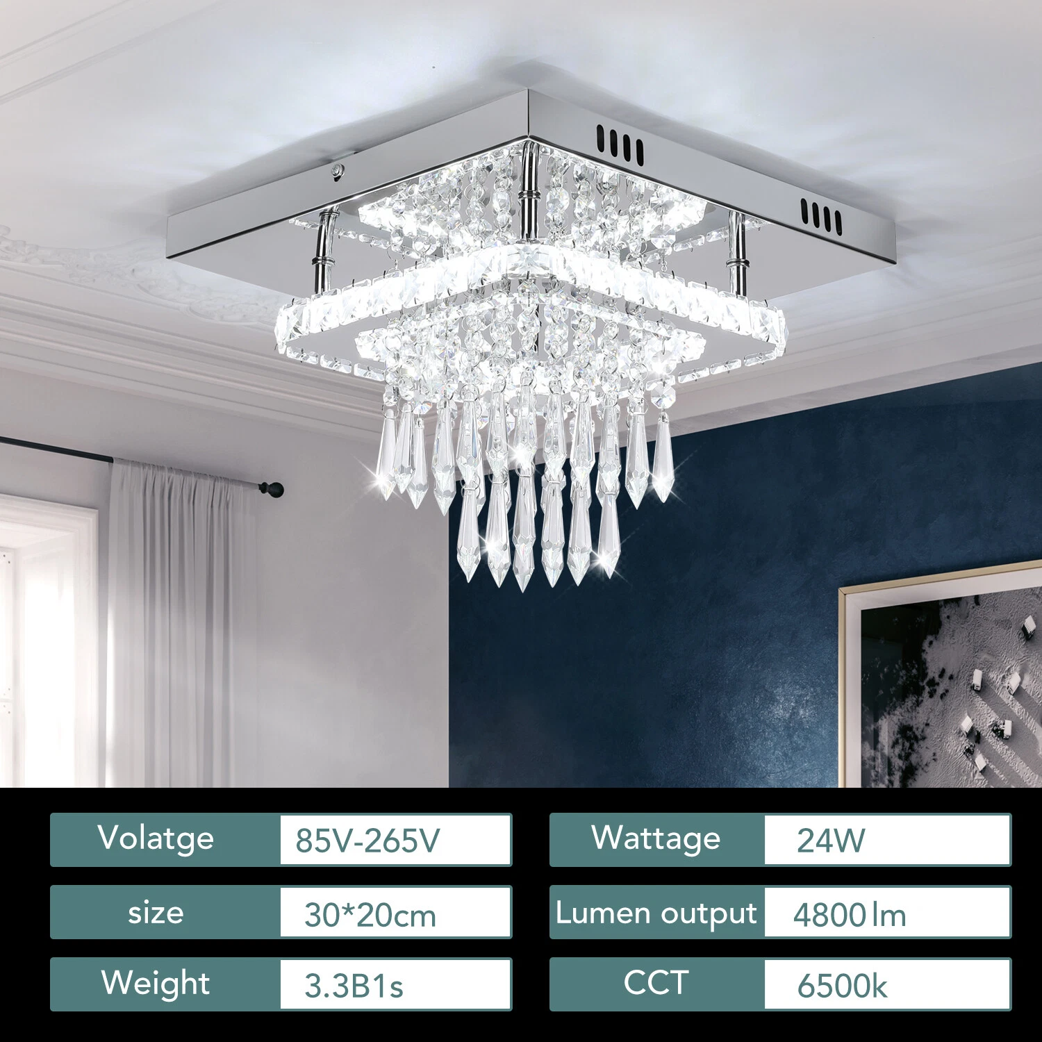 30CM Modern LED Crystal Ceiling Light Square Minimalist Lamp Living Room Bedroom - Picture 5 of 14