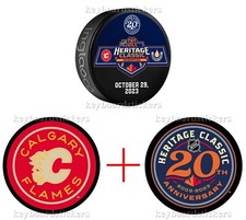 2023 NHL HERITAGE CLASSIC 20th ANNIVERSARY CALGARY FLAMES 3 HOCKEY PUCK PKG.