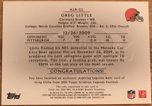 2011 Topps Legends Aspiring Legacies Jerseys Greg Little ALR-GL Cleveland Browns - Picture 2 of 2