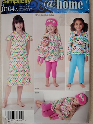 Simplicity 0104 Girls Top Tunic Dress Pants Leggings 18'' Doll Clothes Sizes 3-8